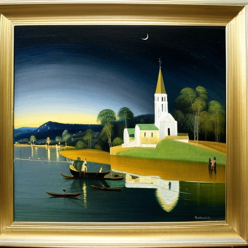 Oil-on-canvas painting of a blue night sky with a crescent moon over a village